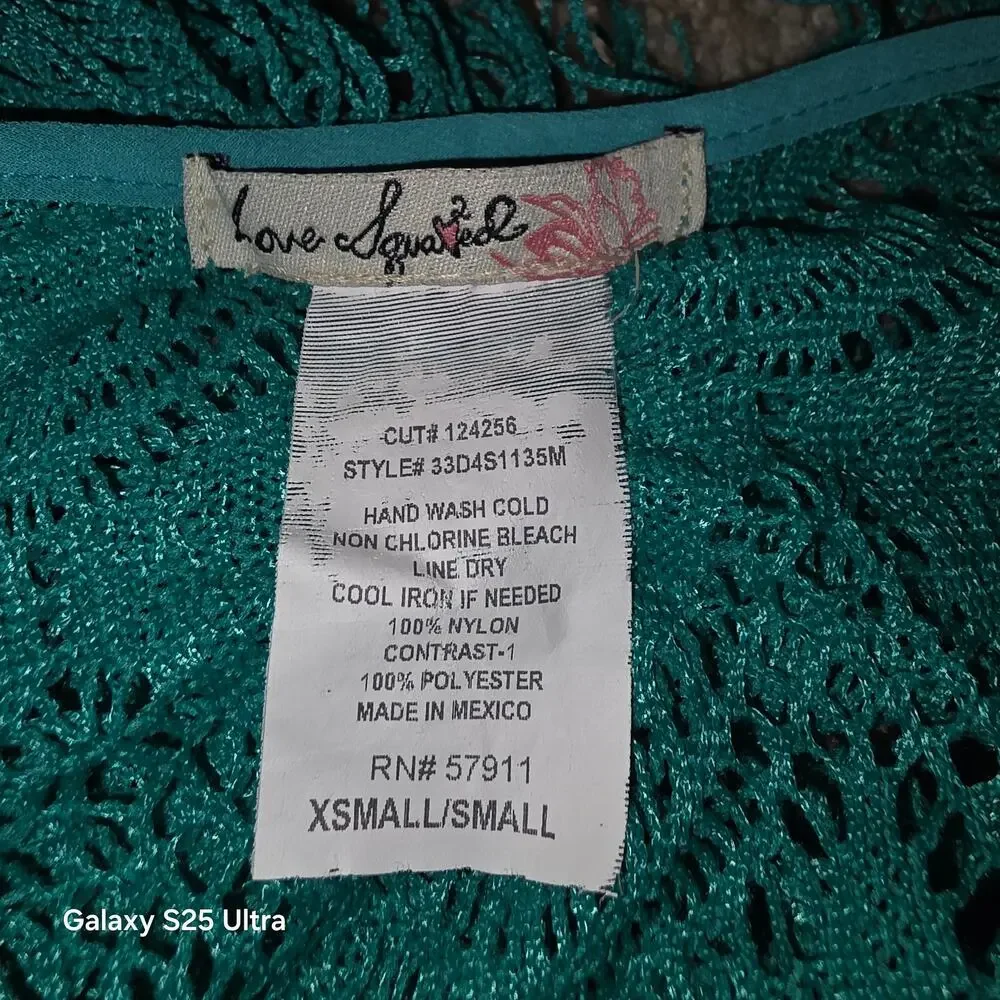 Love Squared green, cropped fringed bathing suit cover up top sz XS Sm‎